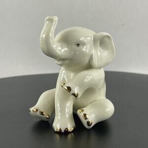 Lenox Baby Elephant Figurine Porcelain with Gold Color Accents 2.5" Trunk Up Sit